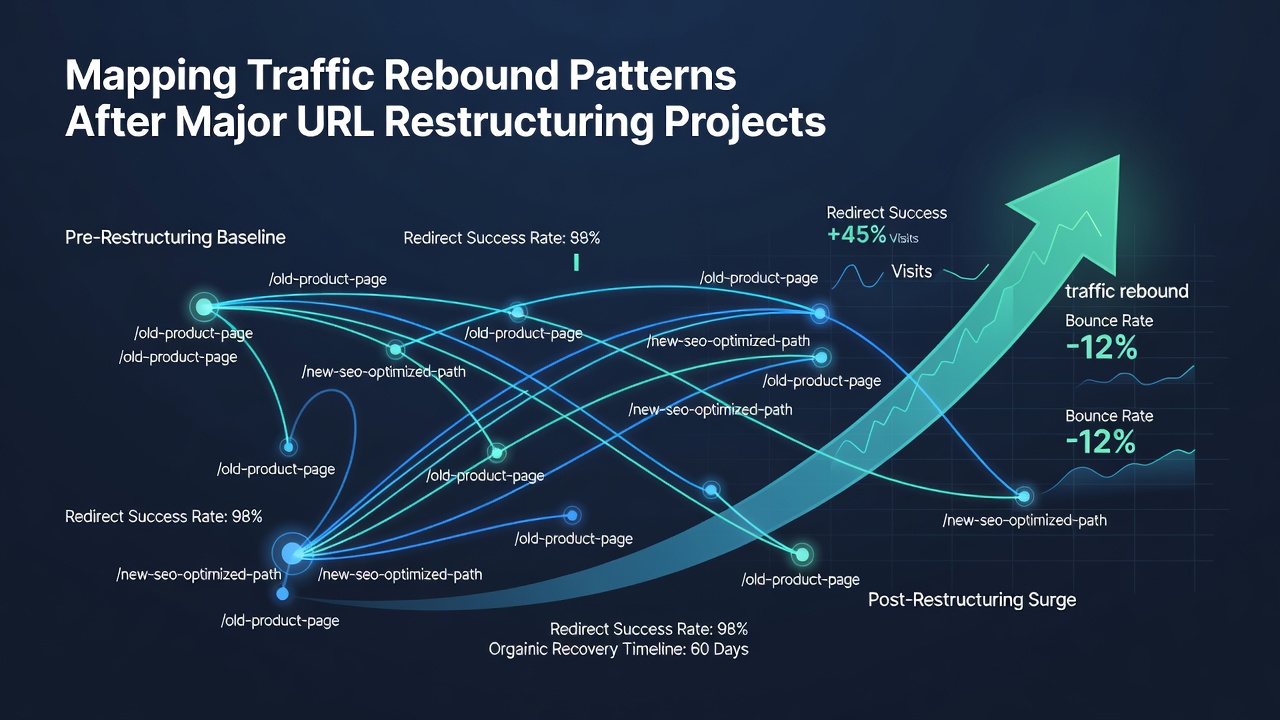 Heatmap visualization of crawl activity and traffic recovery across restructured site sections