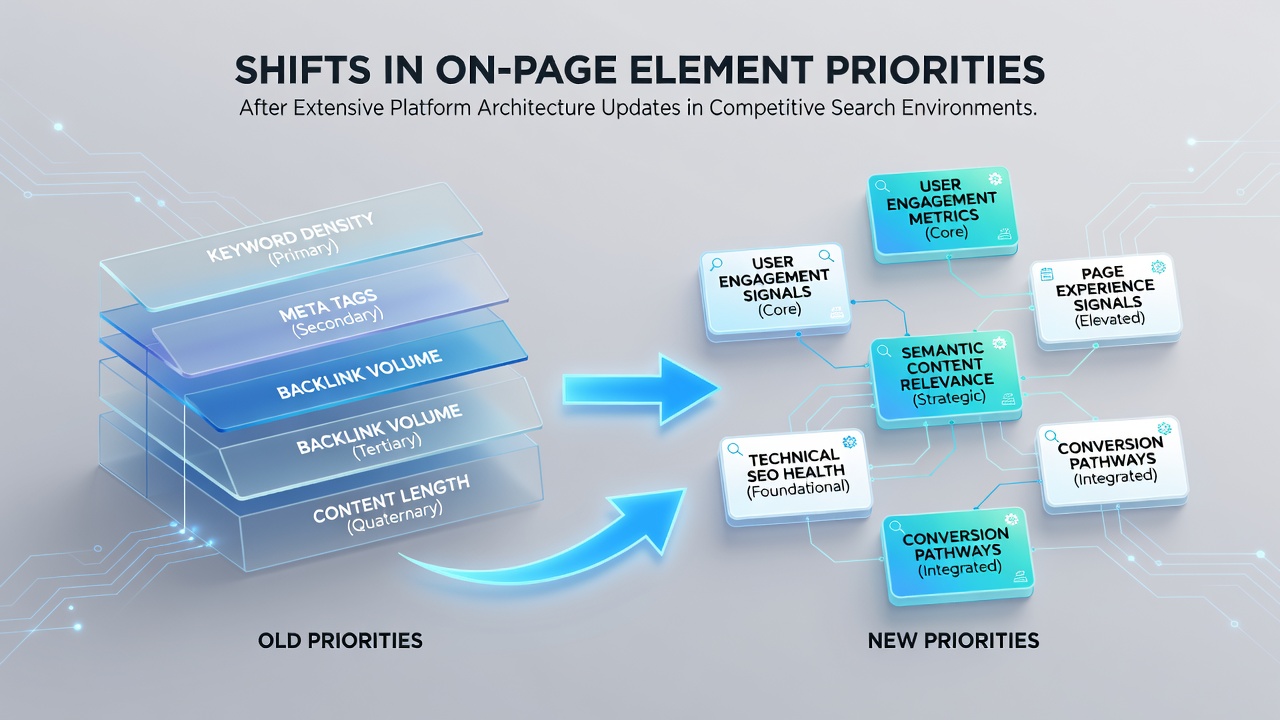 Comparison chart of on-page element performance metrics before and after architecture updates in competitive market sectors
